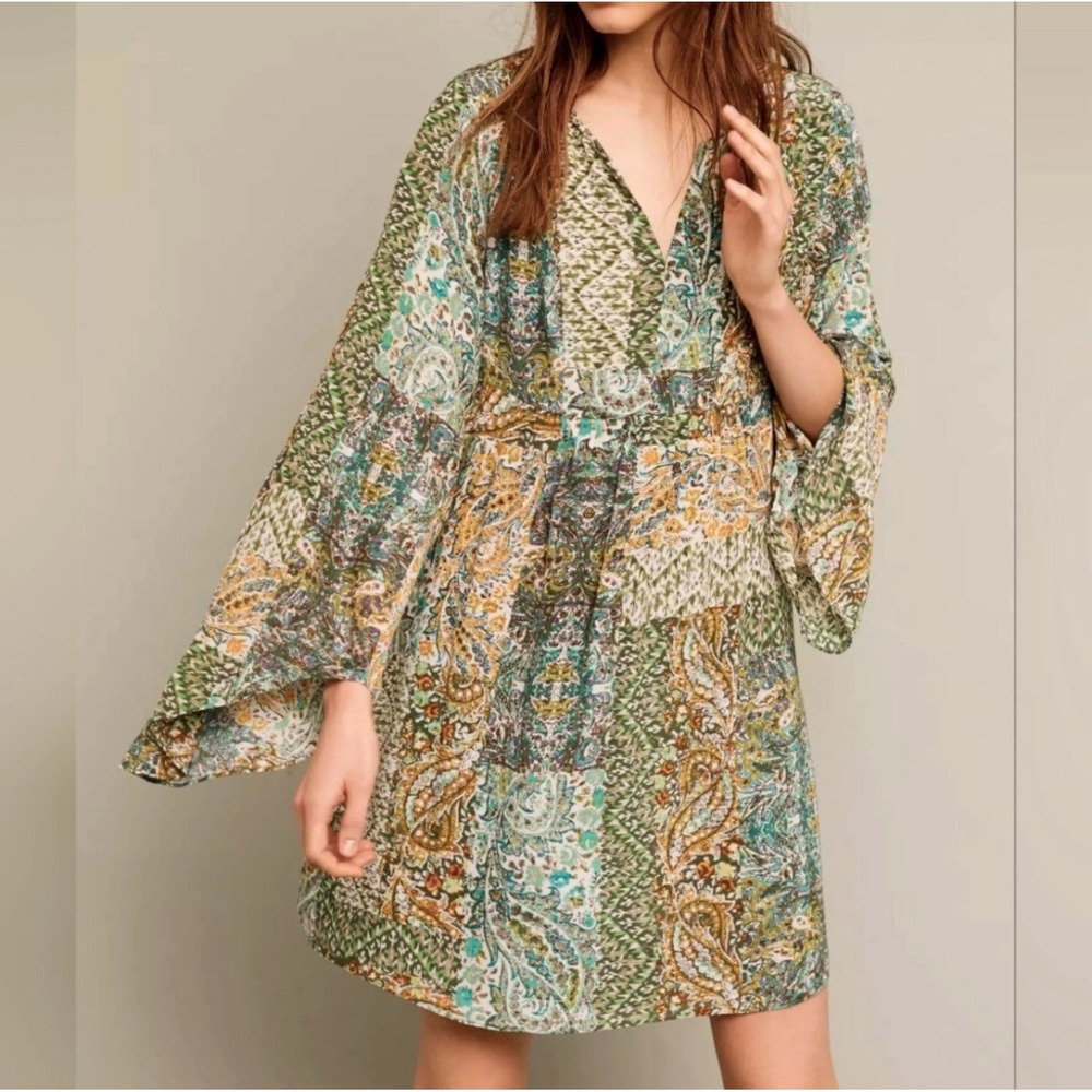 Anthropologie Floreat Amelie Paisley 100% Silk Bell Kimono Sleeve Dress Size 8